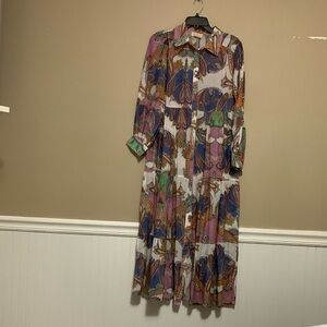 Sofia Women’s Koss Paisley Tiered Quetzal Pink S/M LS Maxi Dress Preppy Money